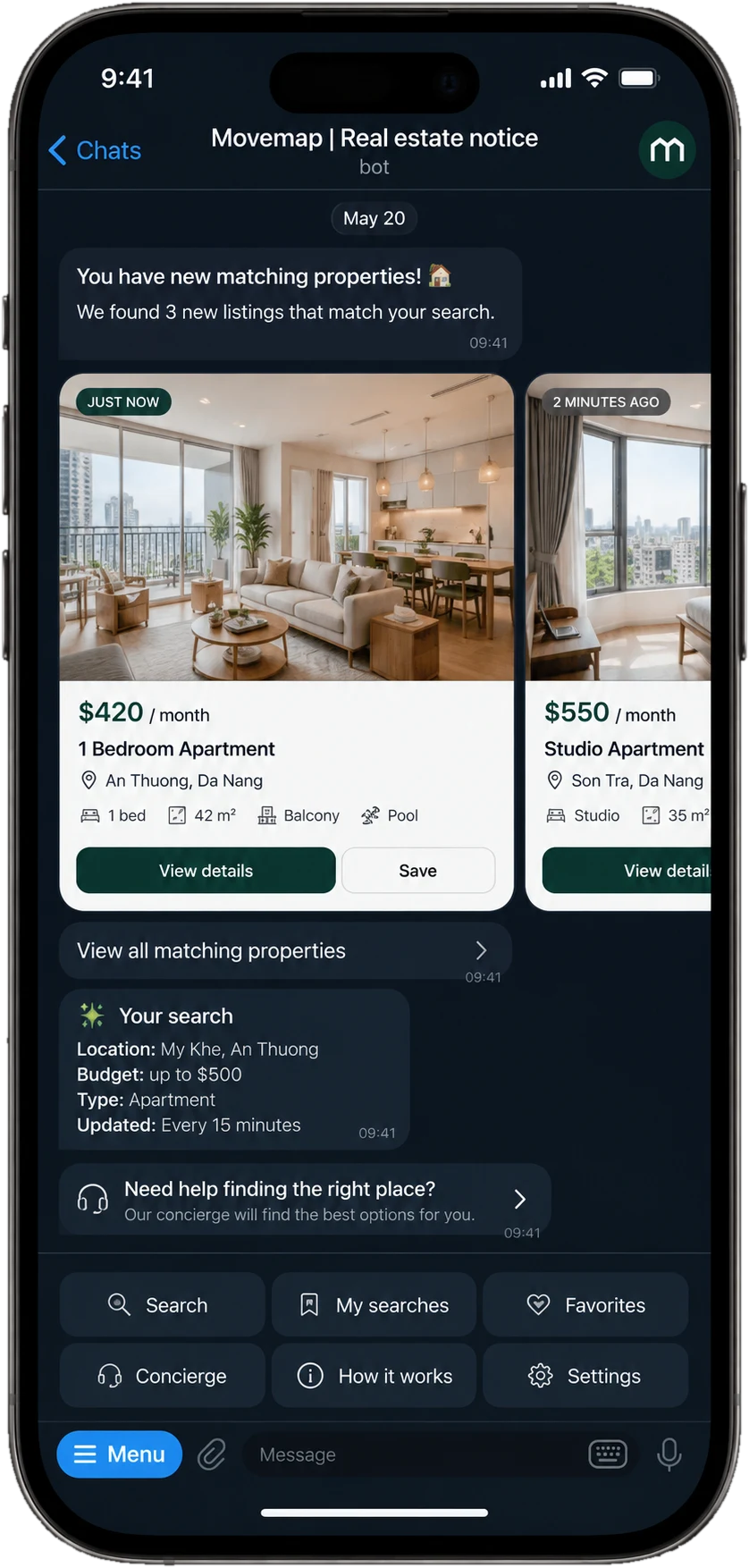 MoveMap Telegram bot showing three new listings that match a saved search